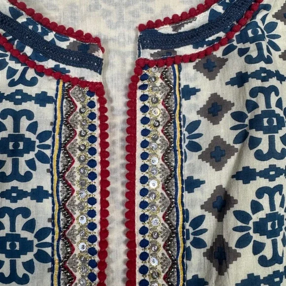 Sheryl Crow Womens Embellished Bohemian Beaded‎ Jacket M Blue Red Geometric Boho - Picture 2 of 11
